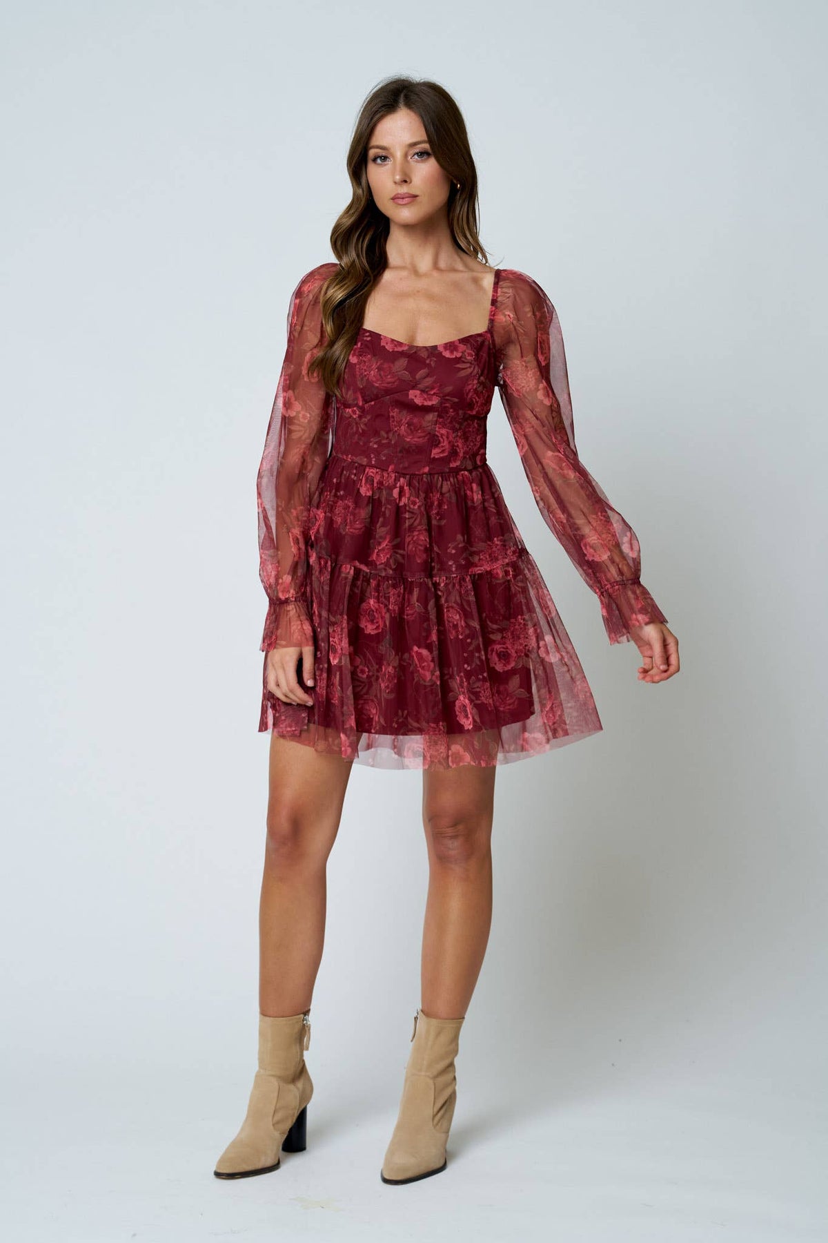 FLORAL CHIFFON LONG SLEEVE CORSET MINI DRESS: BROWN MULTI