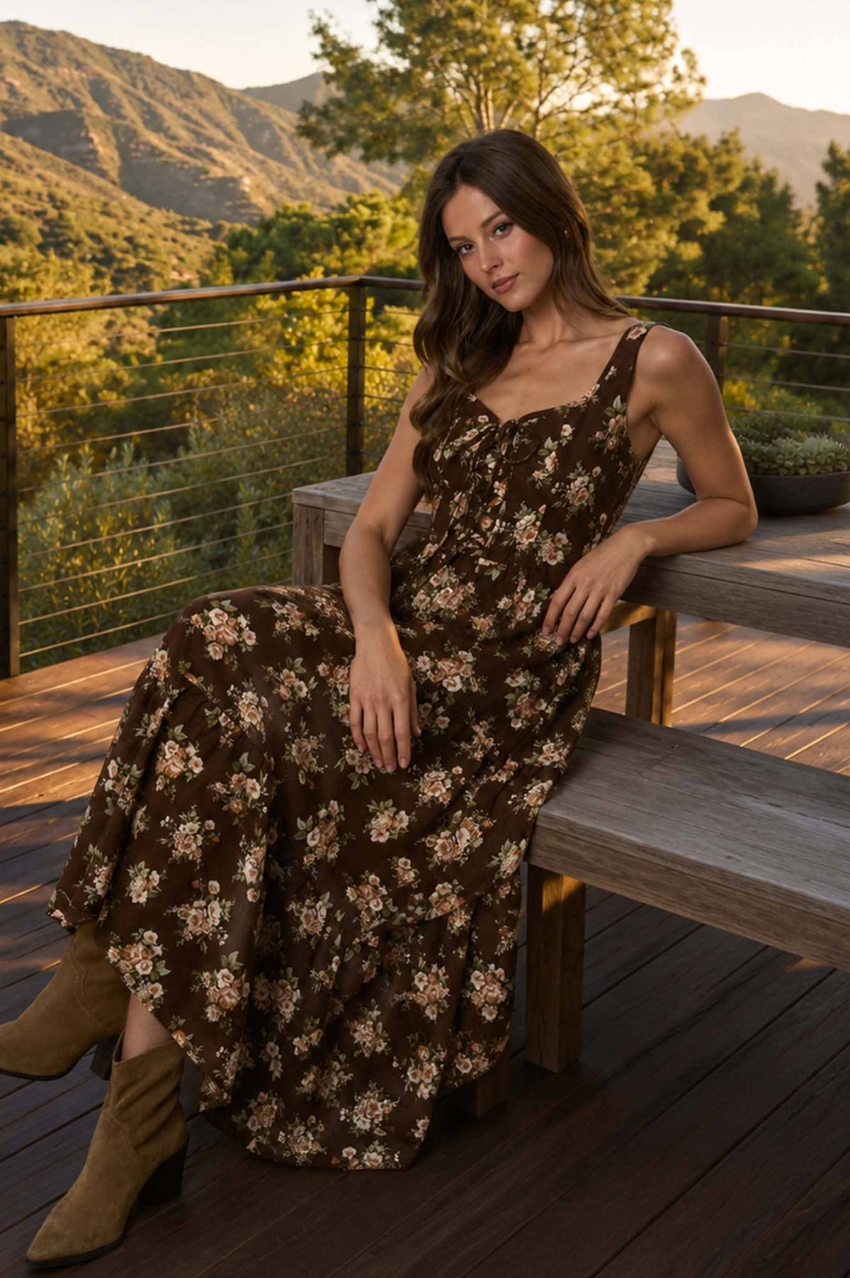 FLORAL FRONT LACE UP CORSET SLEEVELESS MIDI DRESS : CREAM MULTI