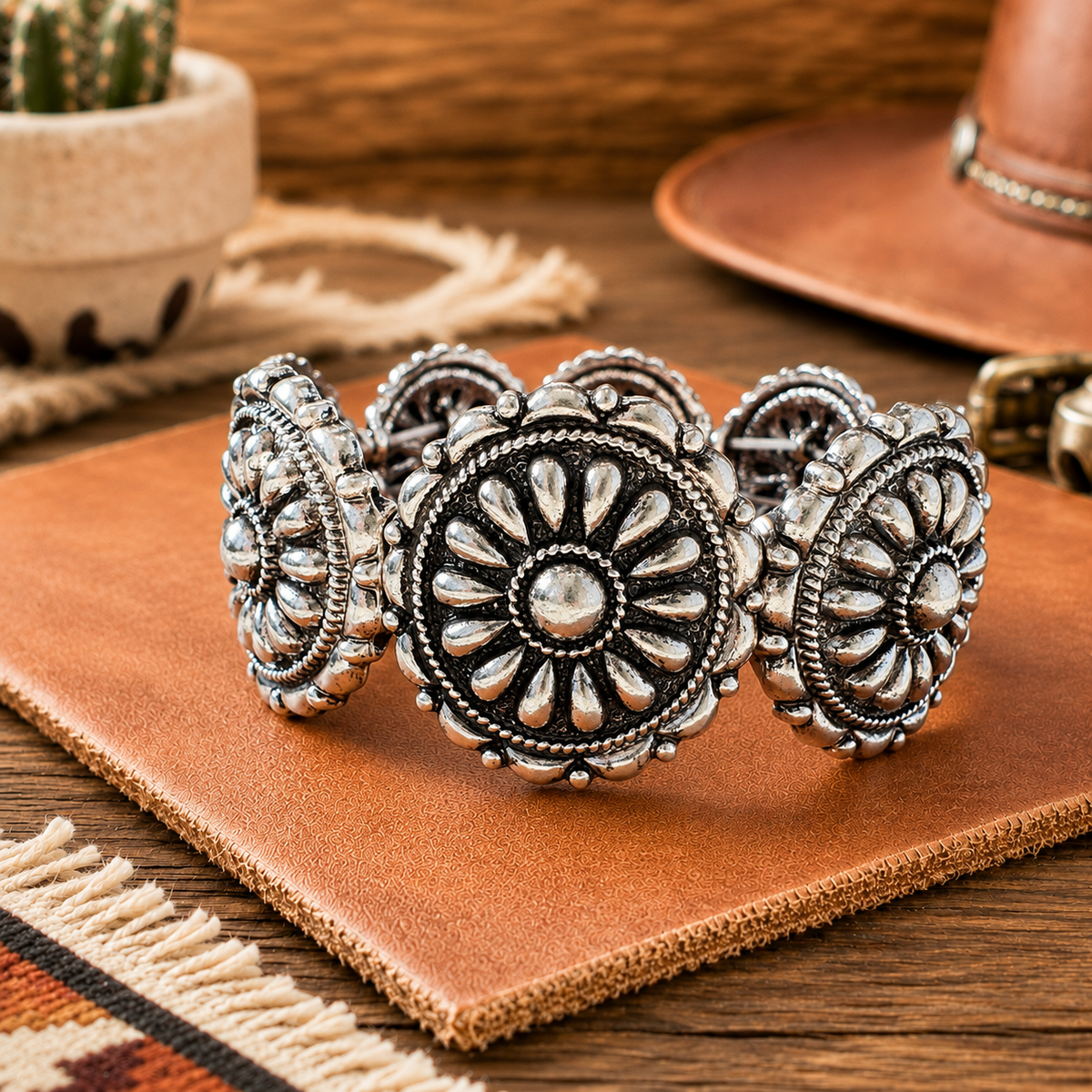 Western Bangle Bracelet – Silver Concho Stretch Cuff