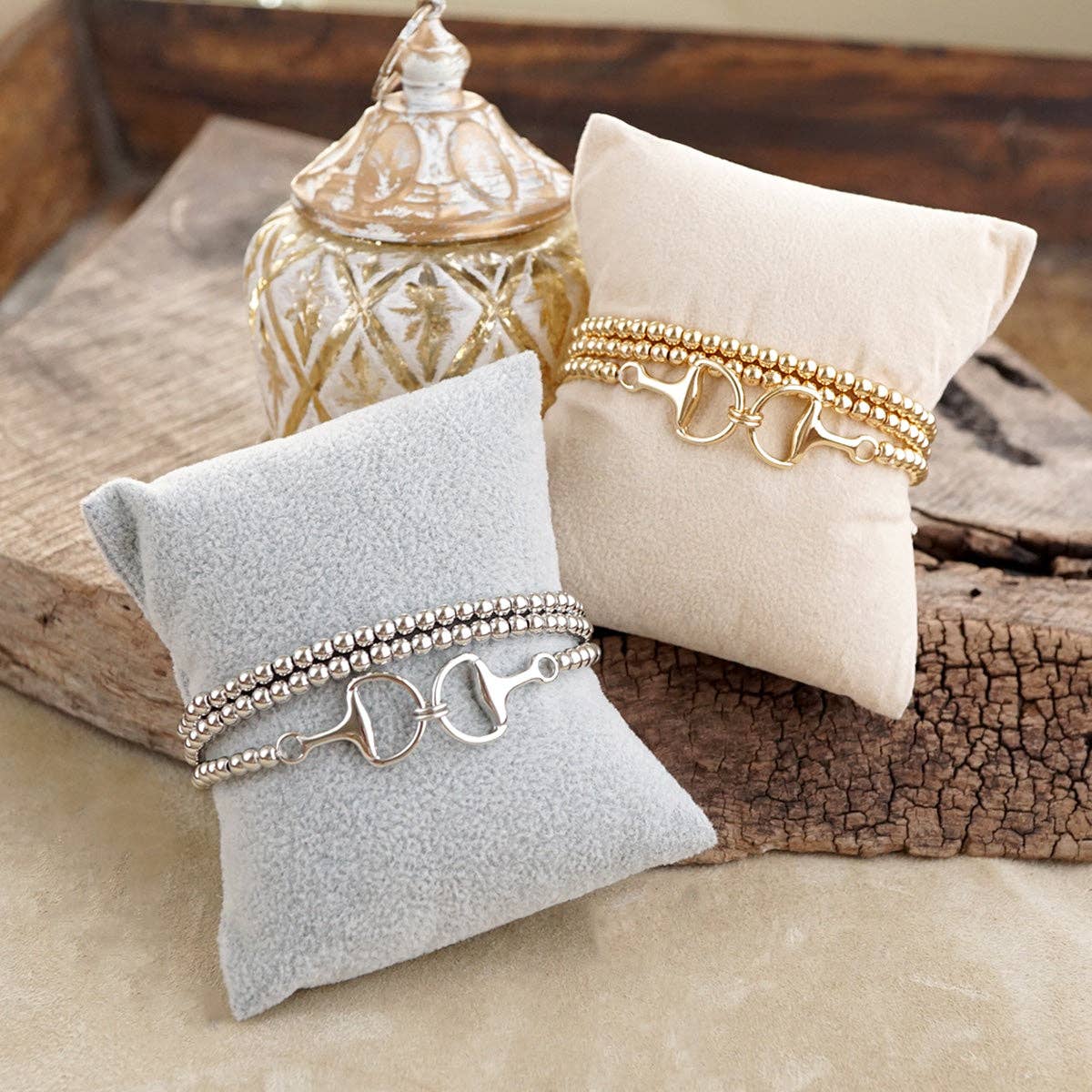 Bit of Shine – Set of 3 Stretch Bracelets with Horse Bit: Silver