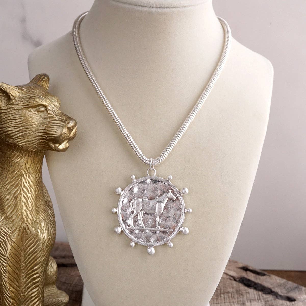 Western Horse Pendant Necklace - Gold Silver – Prairie Medallion: Worn Silver