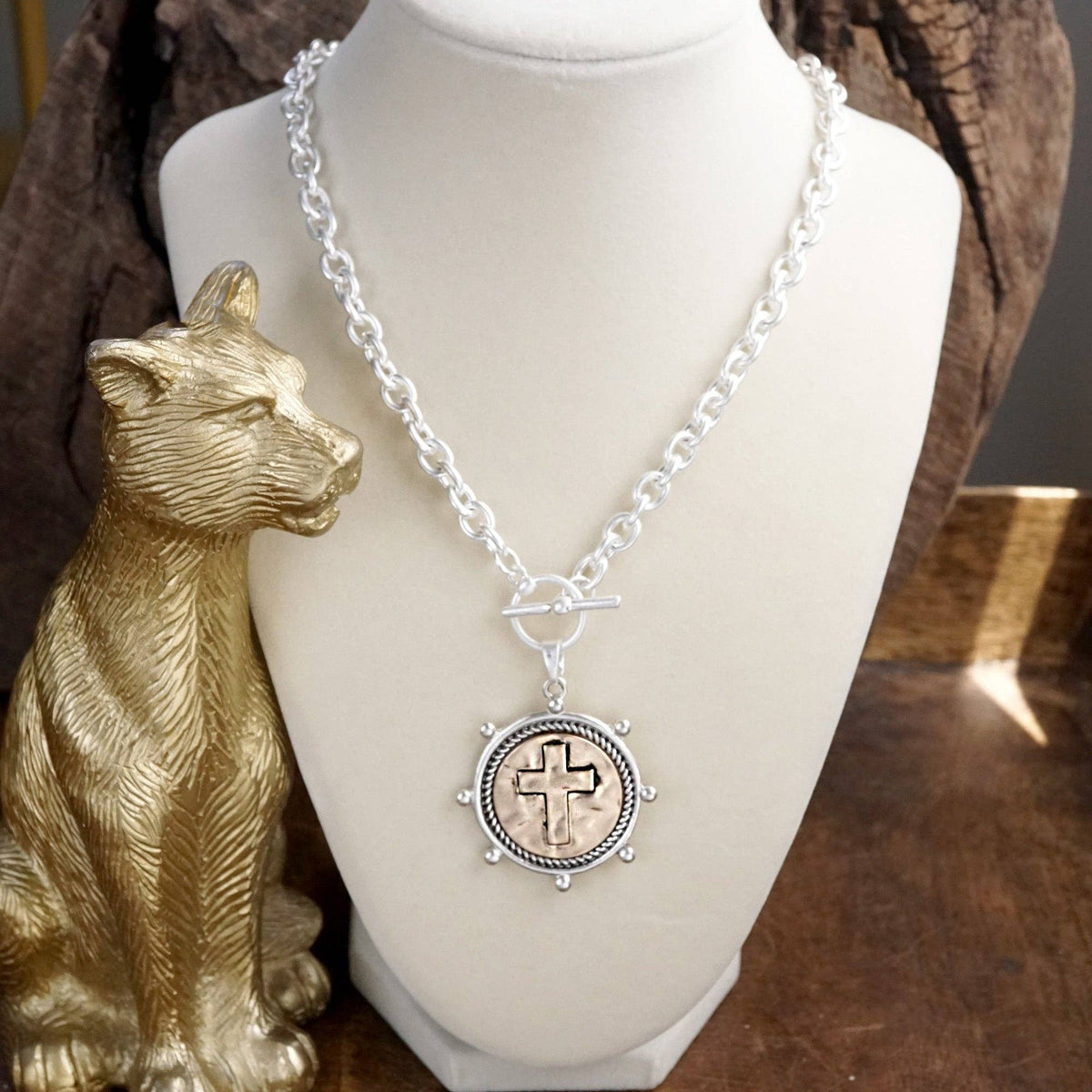 Cross Coin Chain Necklace with Front Toggle Closure ā Silver or Gold Tone: Worn Silver Tone
