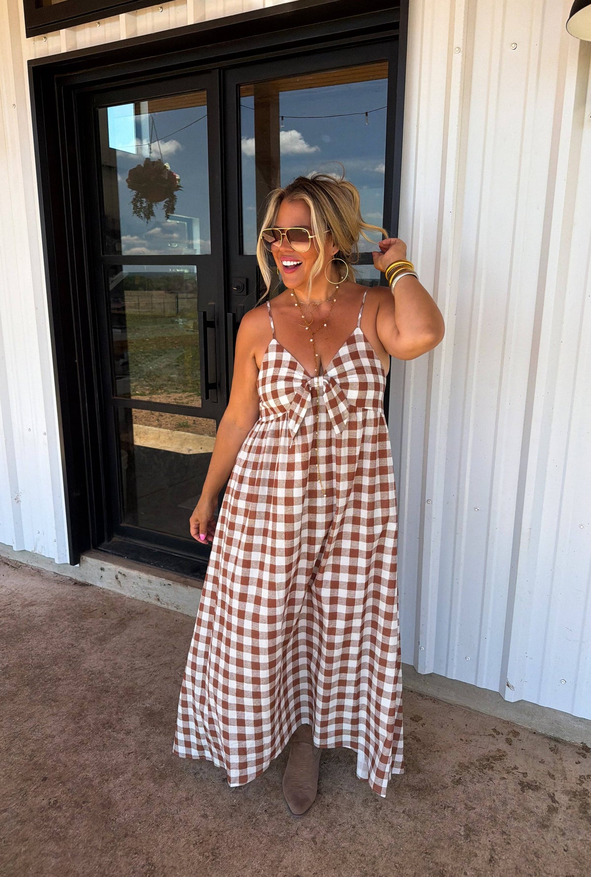 WESTERN CHARM MAXI DRESS: BROWN GINGHAM