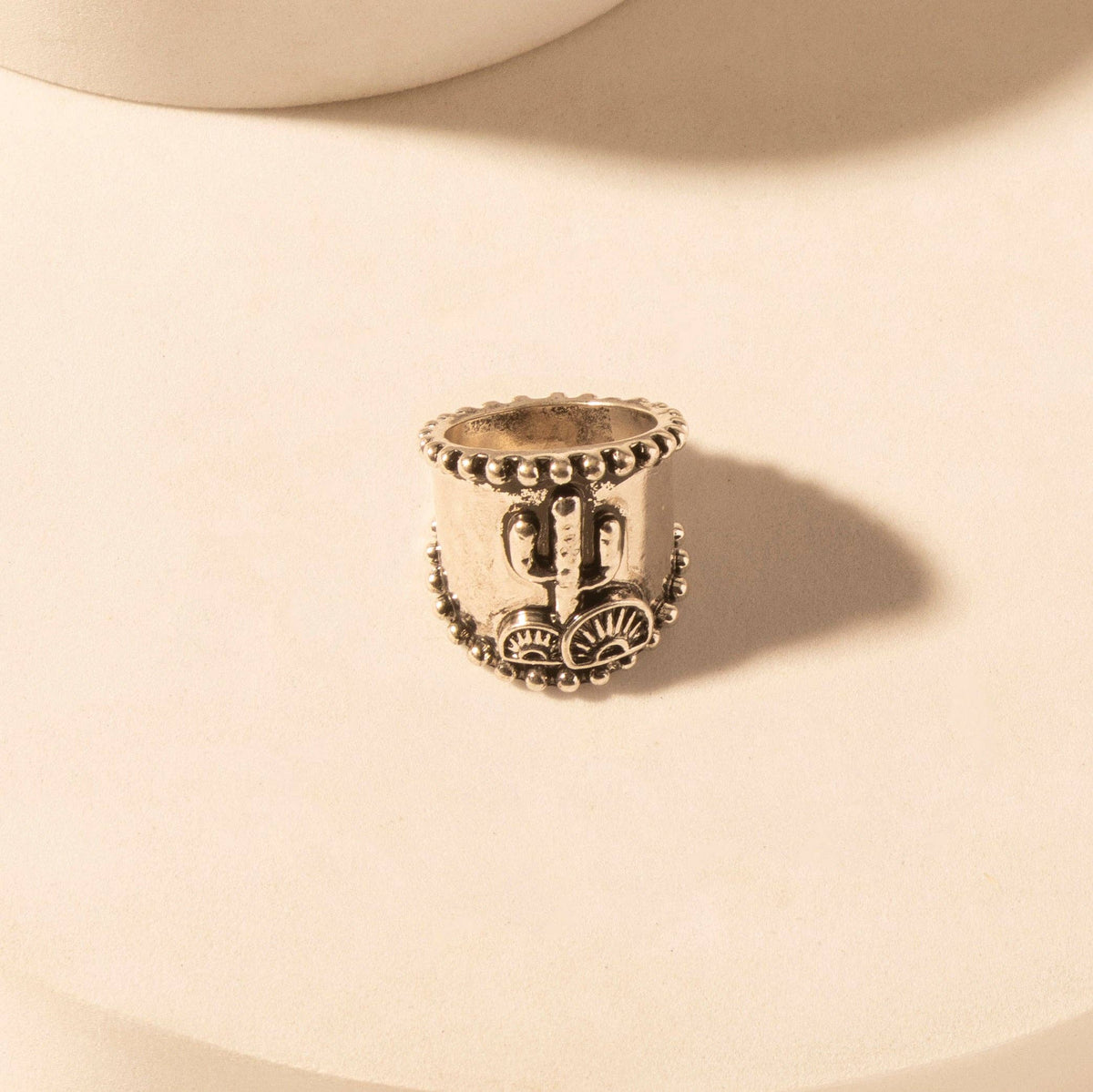 Cactus Country adjustable Ring for Women with engraved cactus detail for everyday western wear: Silver