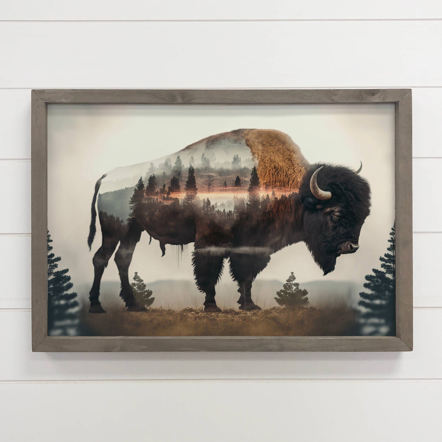 Bison Trees Double Exposure -Wood Framed Wildlife Canvas Art: 18x24" Large Canvas Art with Thick Wood Frame