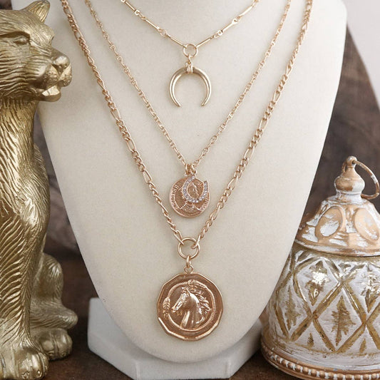 Moonlit Rider – Layered Horse Coin Necklace: Gold