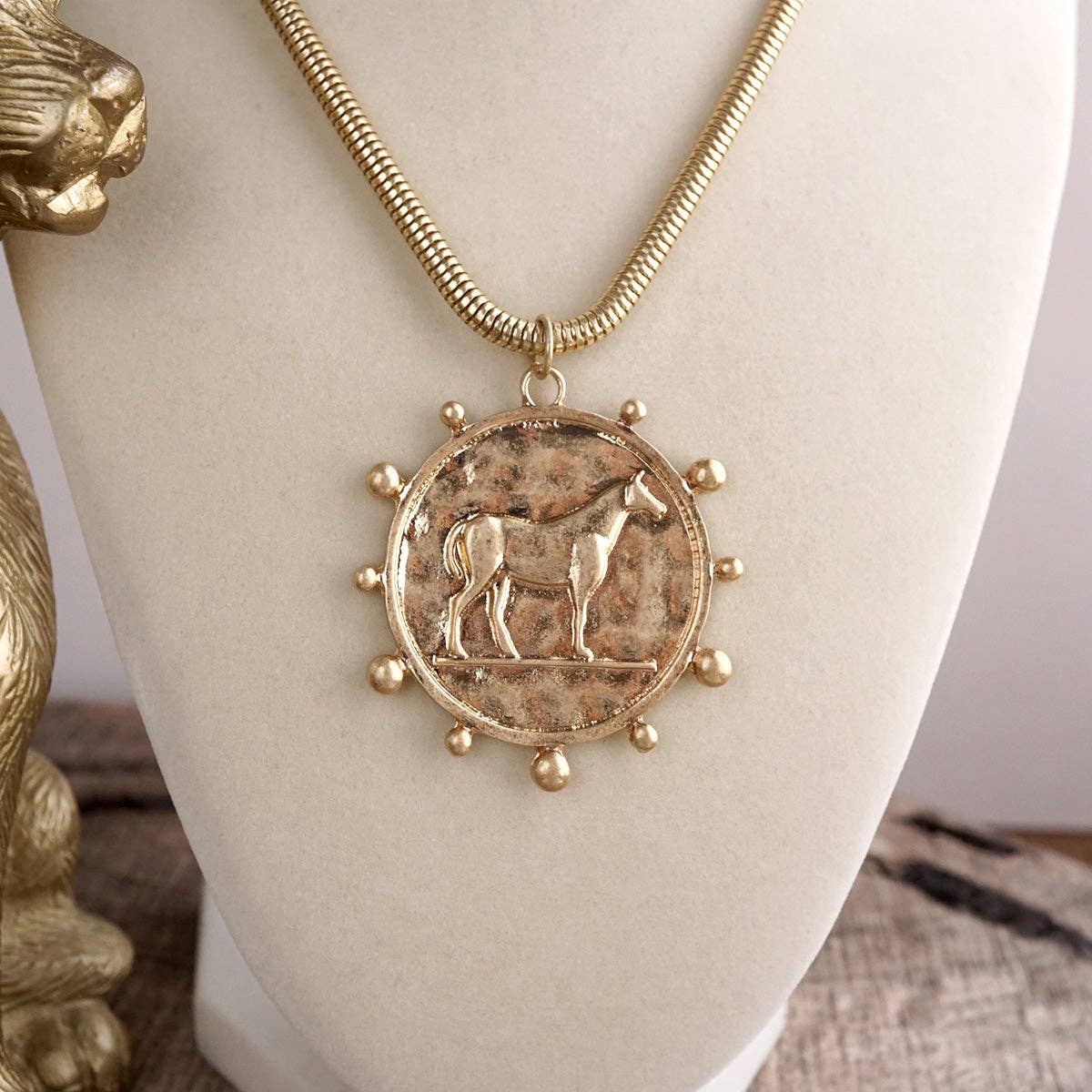 Western Horse Pendant Necklace - Gold Silver – Prairie Medallion: Worn Gold