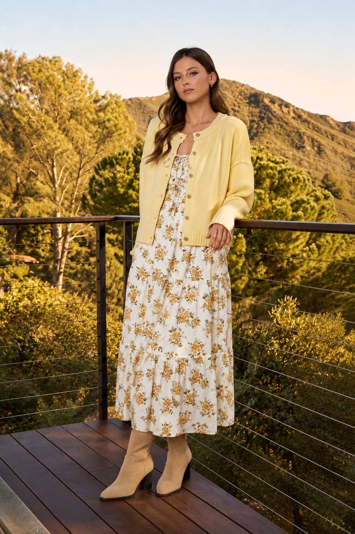 FLORAL FRONT LACE UP CORSET SLEEVELESS MIDI DRESS : CREAM MULTI
