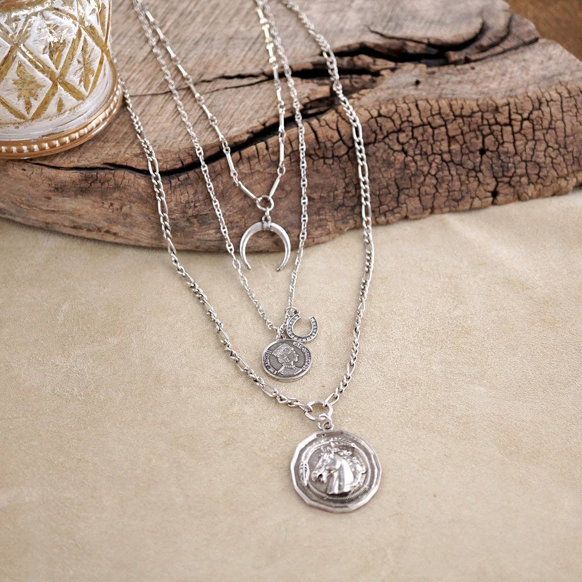 Moonlit Rider – Layered Horse Coin Necklace: Silver