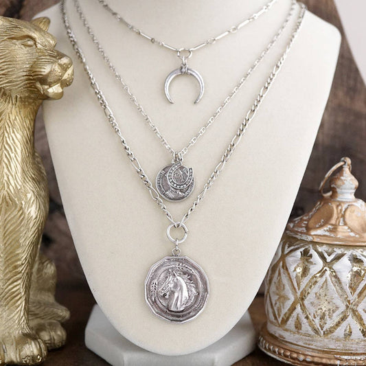 Moonlit Rider – Layered Horse Coin Necklace: Silver