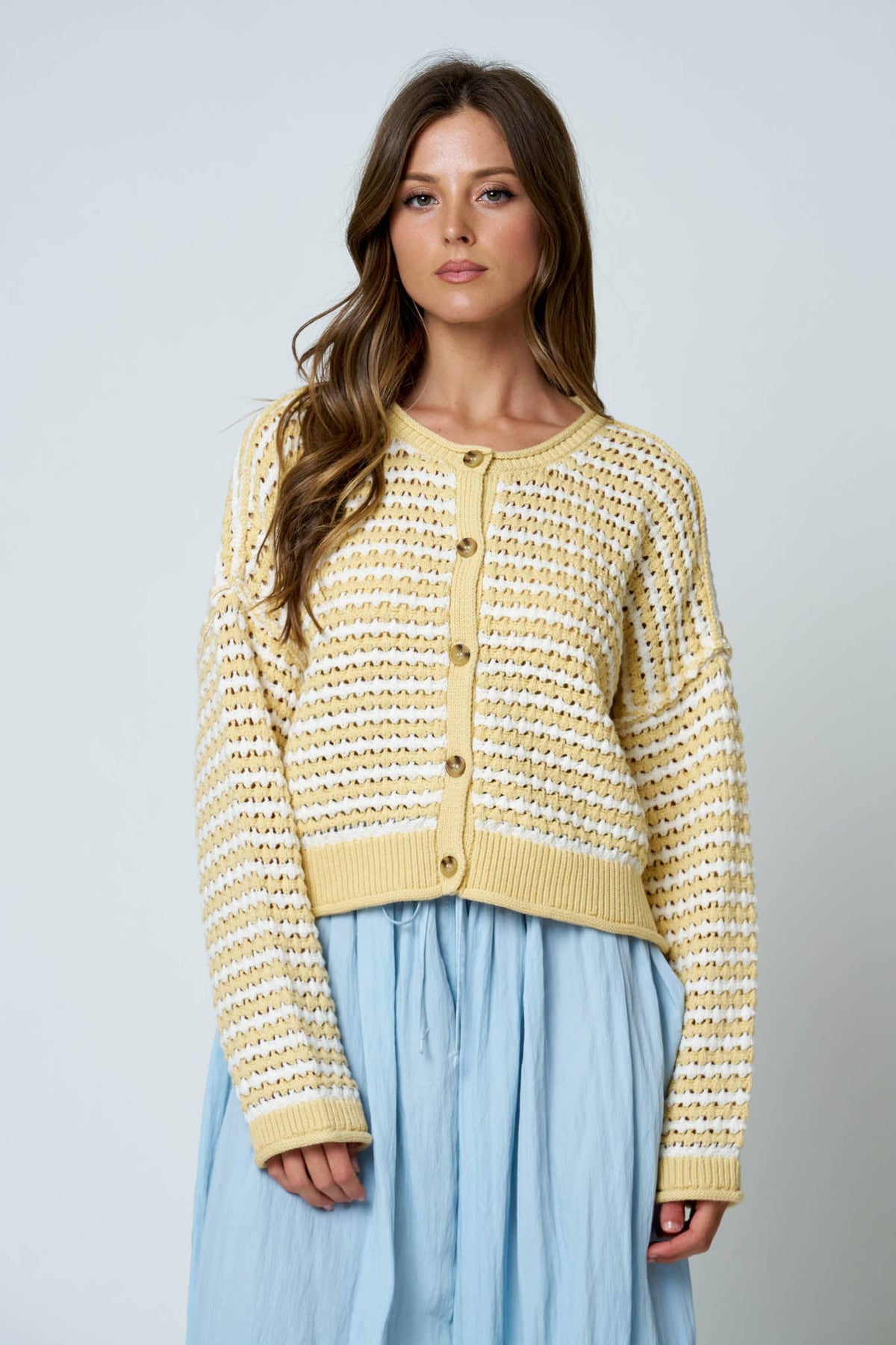 TEXTURED STRIPE CROCHET KNIT BUTTON DOWN CARDIGAN : BROWN