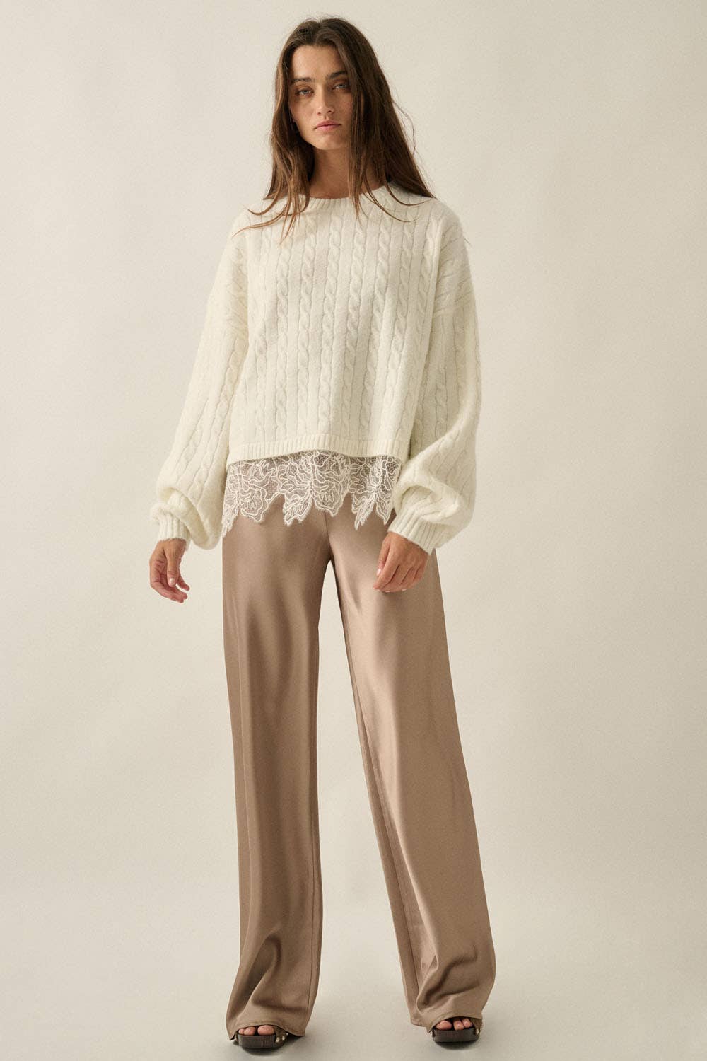 Cable Knit Crewneck Eyelash Lace Layered Hem Sweater: Cream