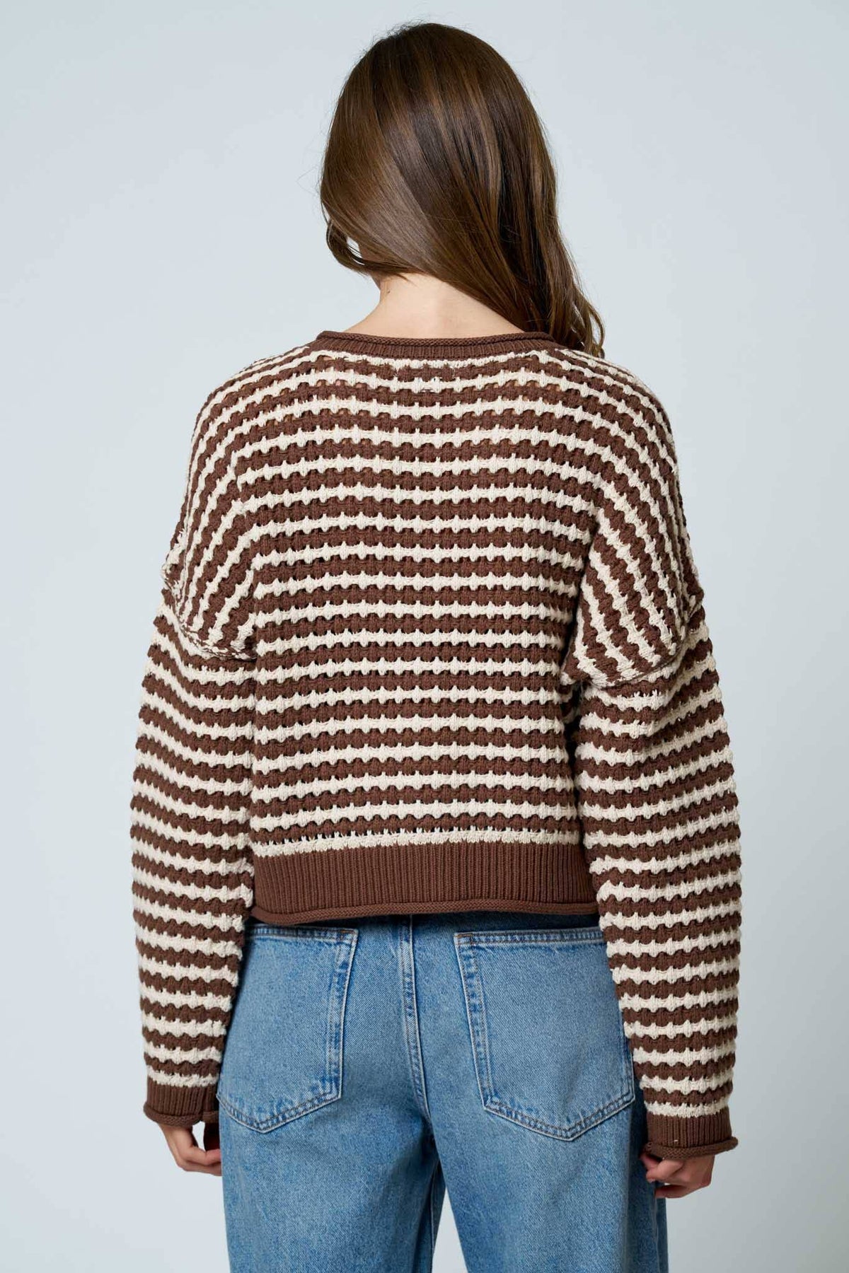 TEXTURED STRIPE CROCHET KNIT BUTTON DOWN CARDIGAN : BROWN