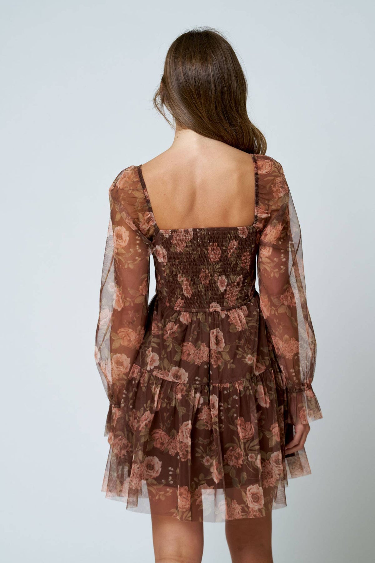 FLORAL CHIFFON LONG SLEEVE CORSET MINI DRESS: BROWN MULTI