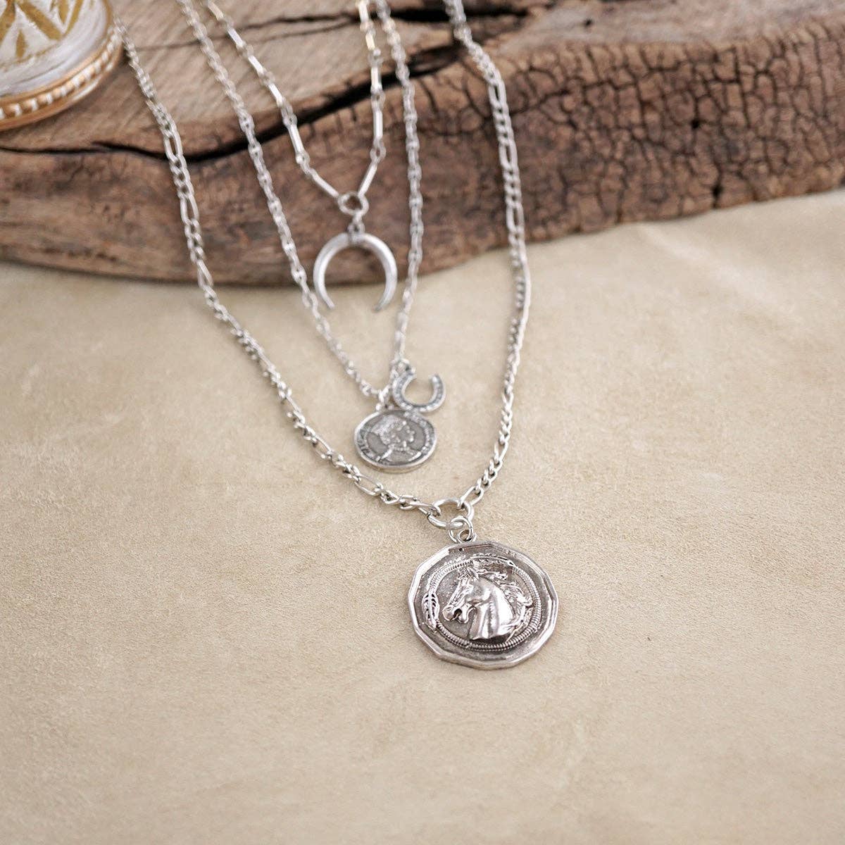 Moonlit Rider – Layered Horse Coin Necklace: Silver