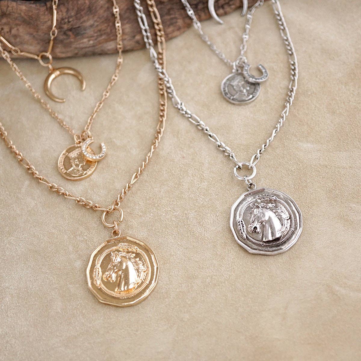 Moonlit Rider – Layered Horse Coin Necklace: Silver