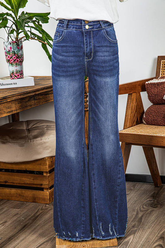 High Rise Dual Button Distressed Raw Hem Flared Jeans