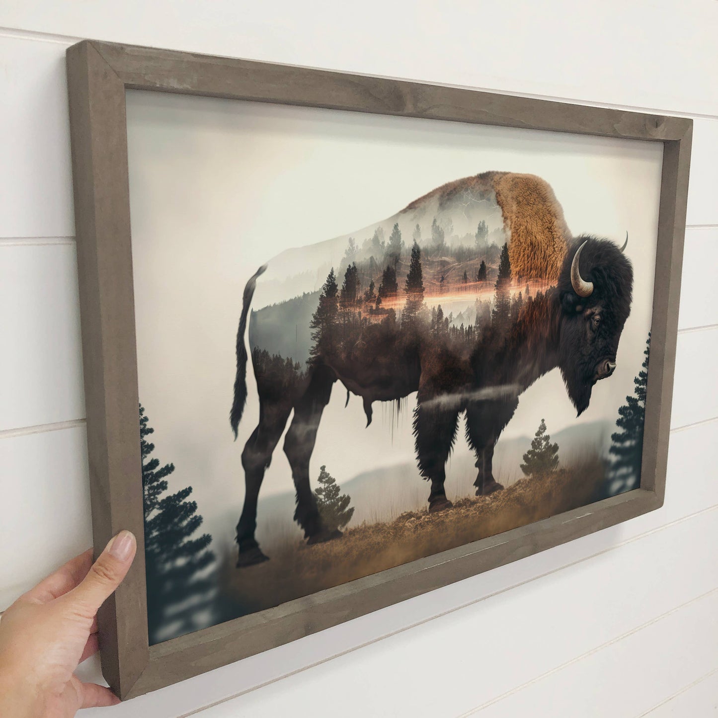 Bison Trees Double Exposure -Wood Framed Wildlife Canvas Art: 18x24" Large Canvas Art with Thick Wood Frame