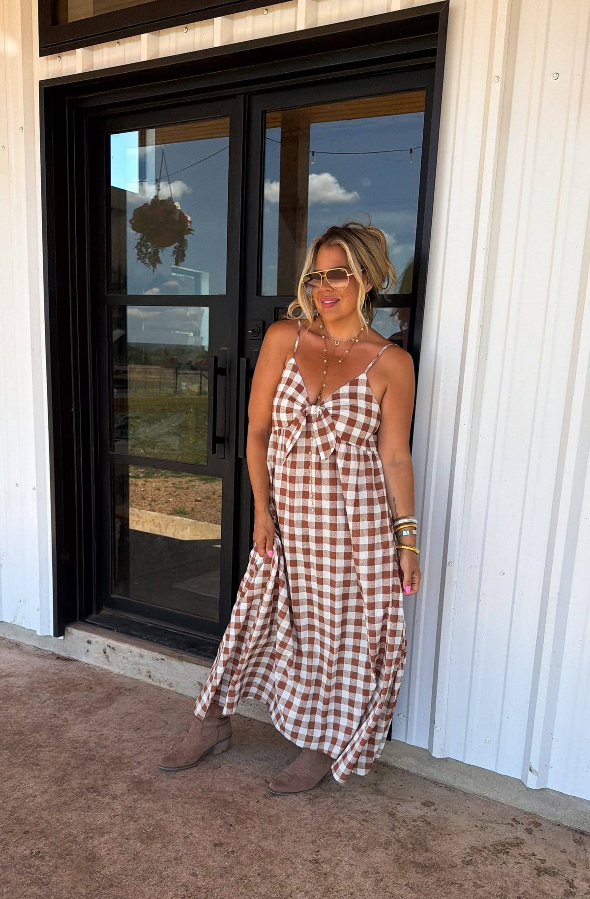 WESTERN CHARM MAXI DRESS: BROWN GINGHAM