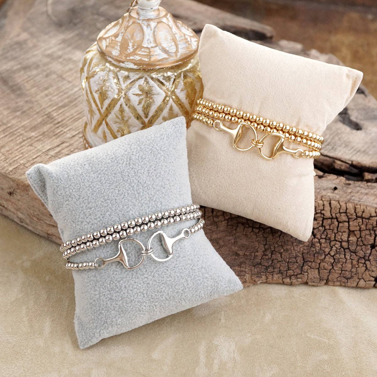 Bit of Shine – Set of 3 Stretch Bracelets with Horse Bit: Silver
