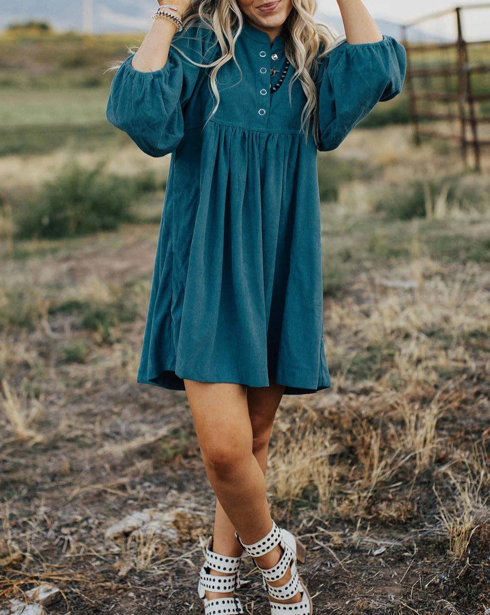 Corduroy Buttoned 3/4 Sleeve Dress: Blue