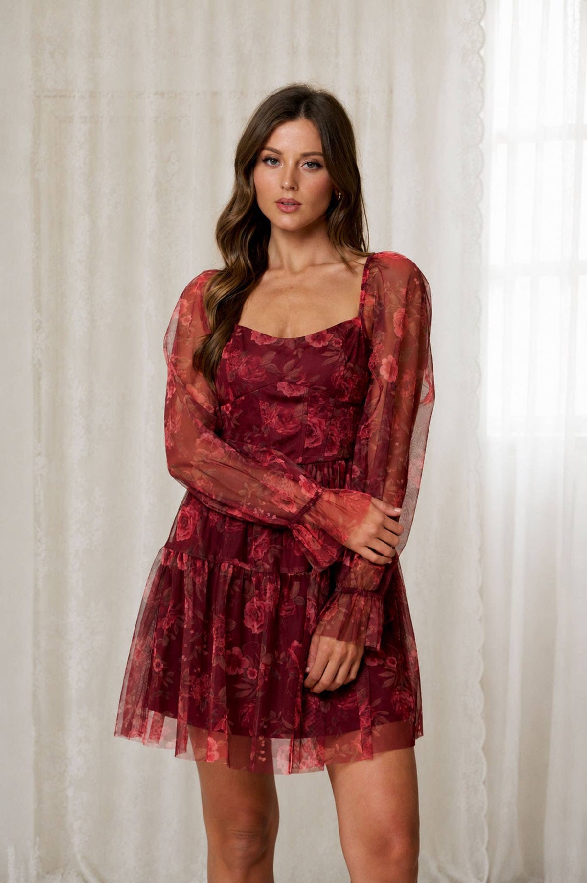 FLORAL CHIFFON LONG SLEEVE CORSET MINI DRESS: BROWN MULTI