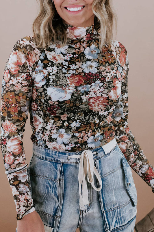 Floral Mesh Long Sleeve Blouse: Brown