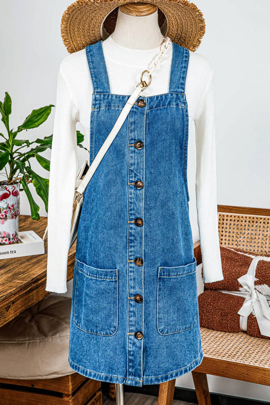Western Wide Strap Button Front Pocketed Denim Mini Dress: As shown / Missy