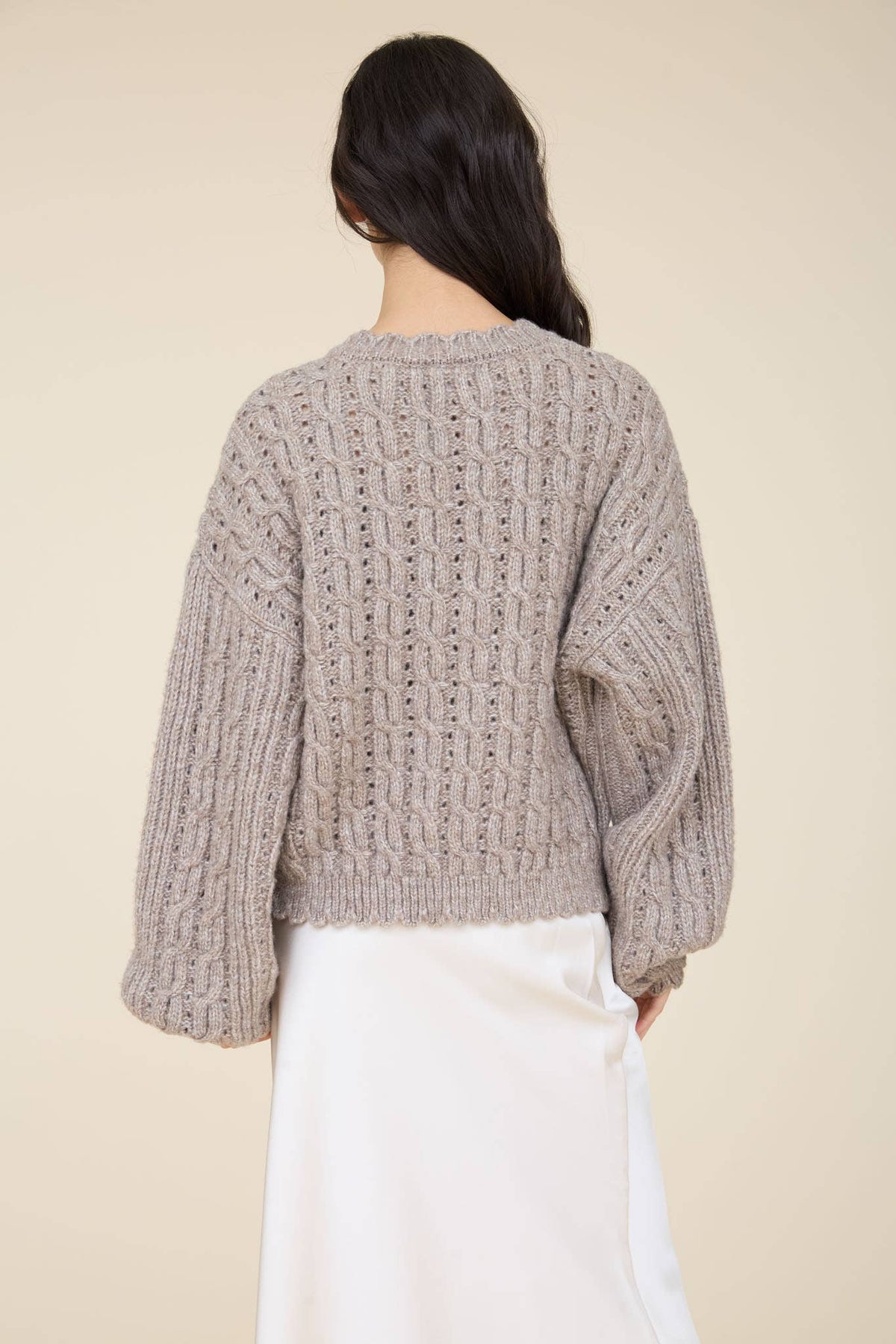 EYELET CABLE KNIT SCALLOPED TRIM KNIT CARDIGAN: TAUPE