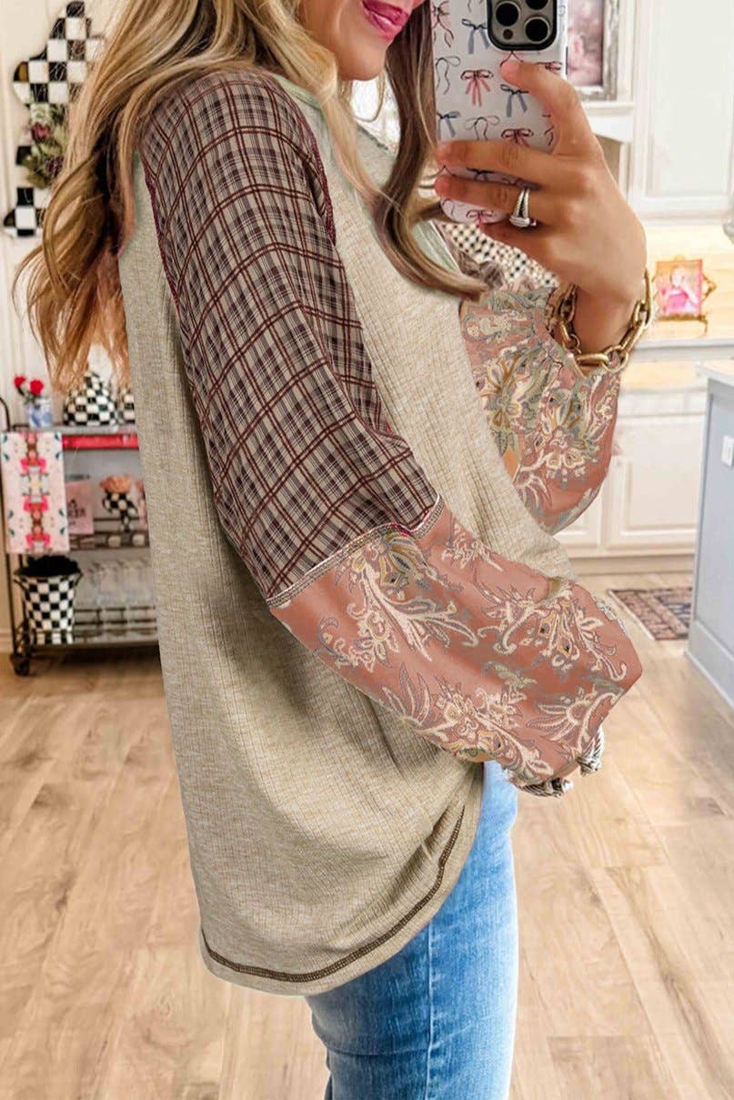 Paisley Plaid Raglan Sleeve Blouse: Jet Stream