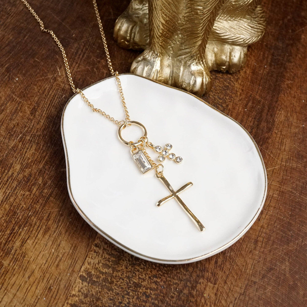 Dainty Cross Charm Cluster Necklace – Gold Tone