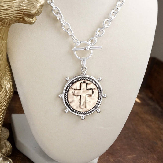 Cross Coin Chain Necklace with Front Toggle Closure – Silver or Gold Tone: Worn Silver Tone