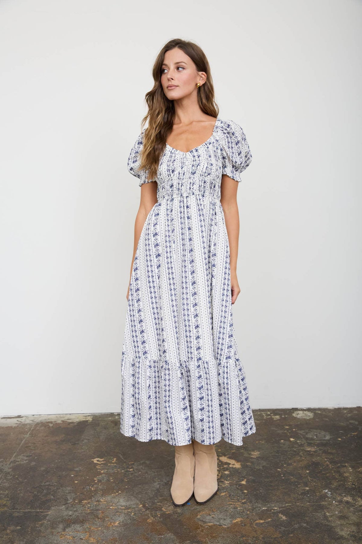 FLORAL STRIPE PUFF SLEEVE RUFFLED MIDI DRESS : NAVY