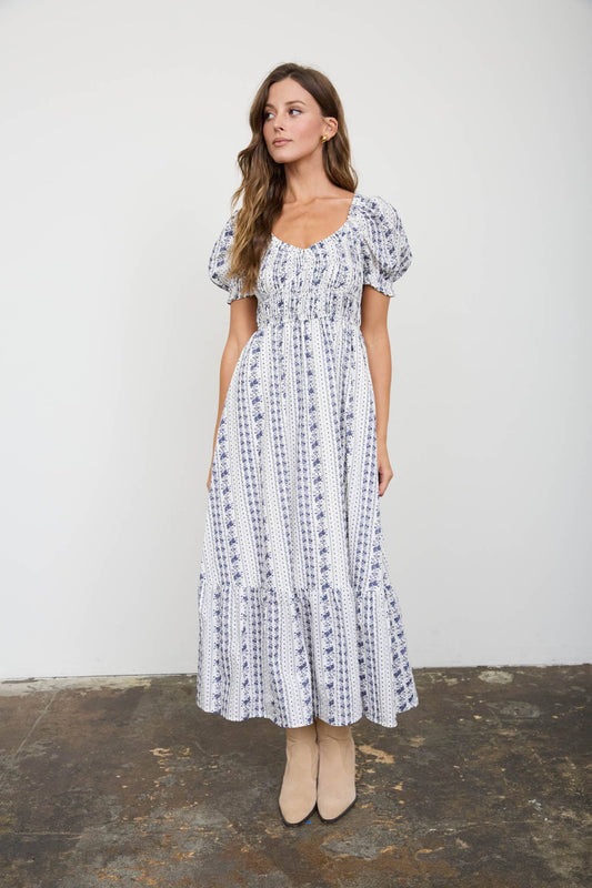 FLORAL STRIPE PUFF SLEEVE RUFFLED MIDI DRESS : NAVY