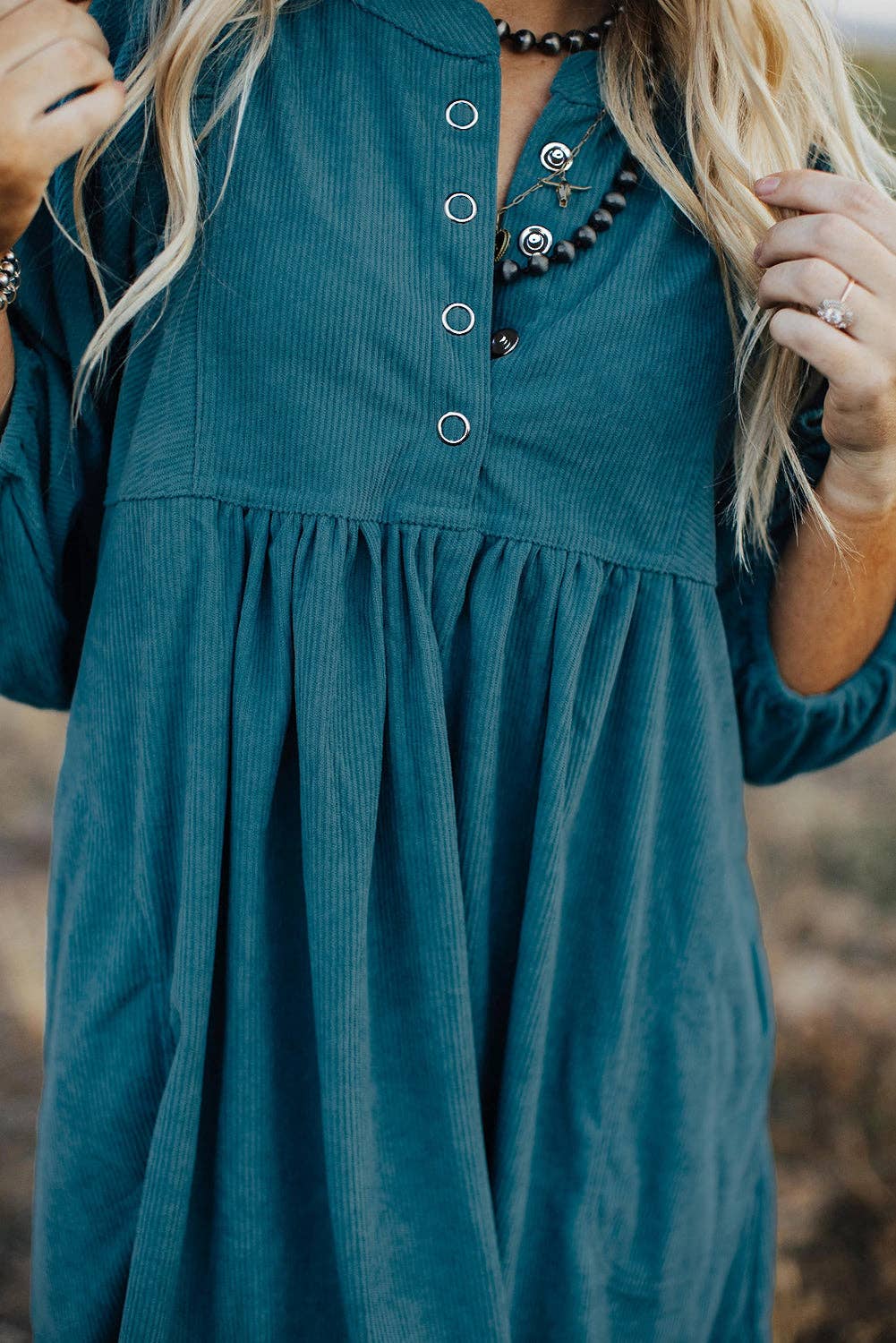Corduroy Buttoned 3/4 Sleeve Dress: Blue