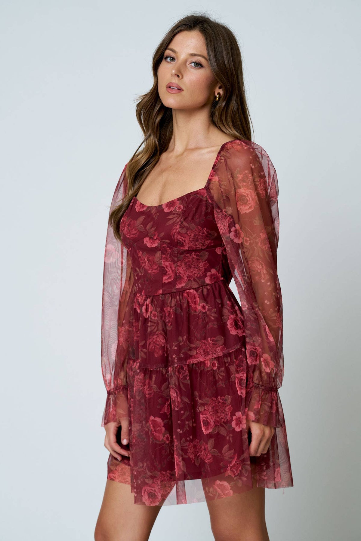FLORAL CHIFFON LONG SLEEVE CORSET MINI DRESS: BROWN MULTI