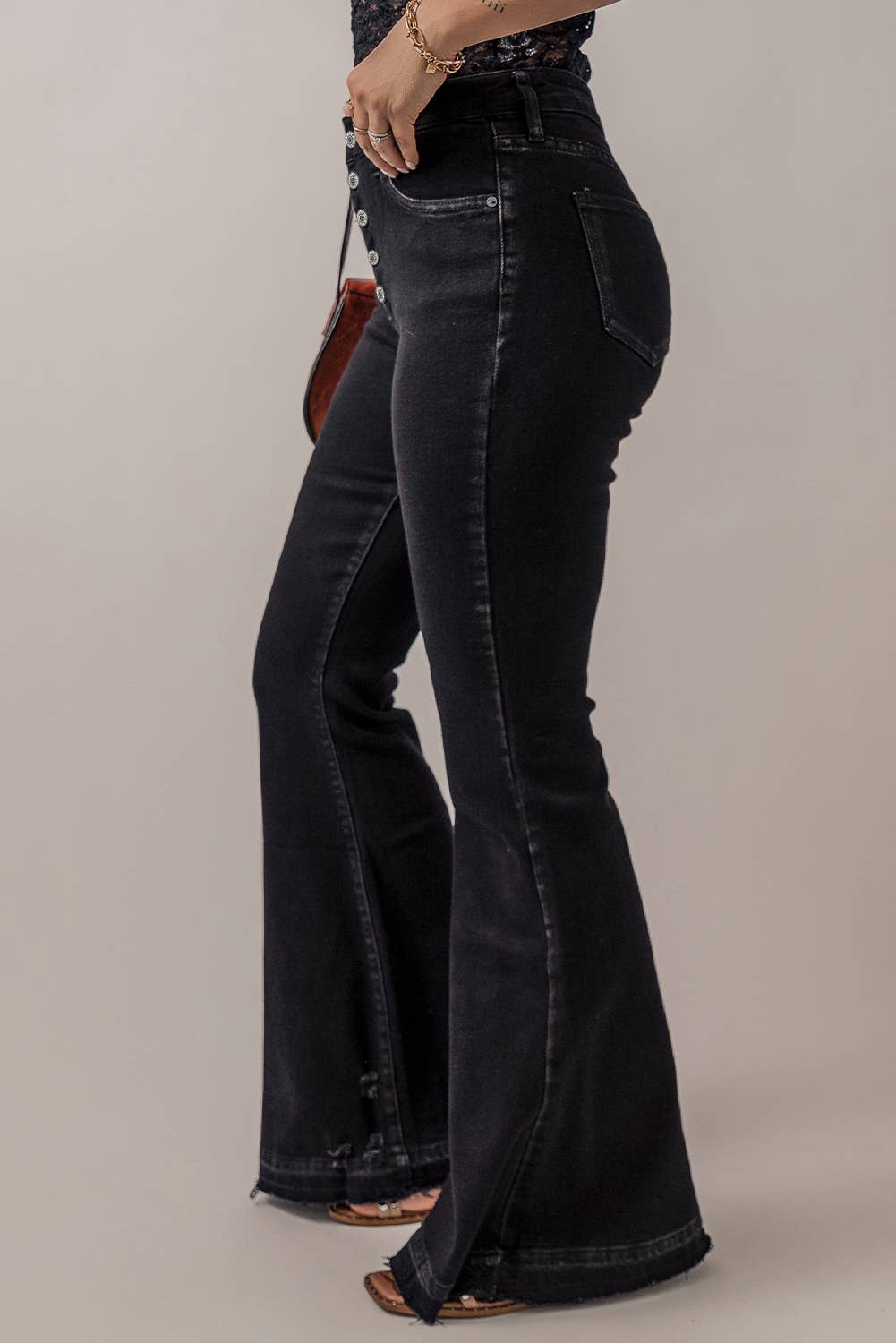 Button Front Flare Jeans: Black