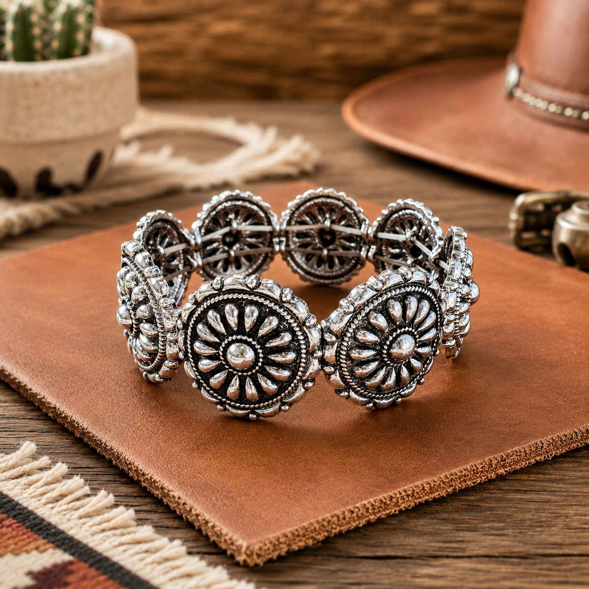 Western Bangle Bracelet – Silver Concho Stretch Cuff