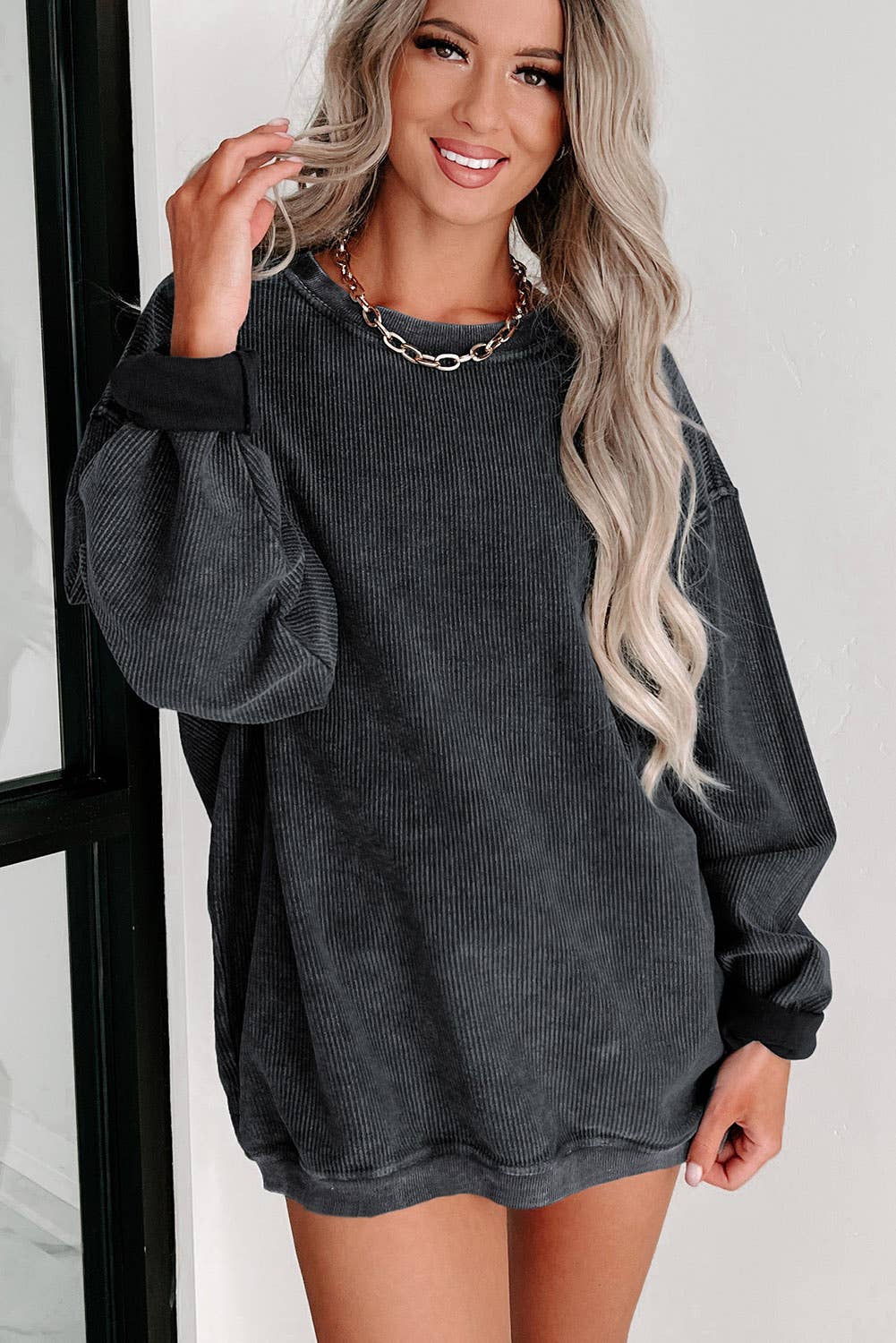 Custom Solid Ribbed Knit Round Neck Pullover Sweatshirt: Gray