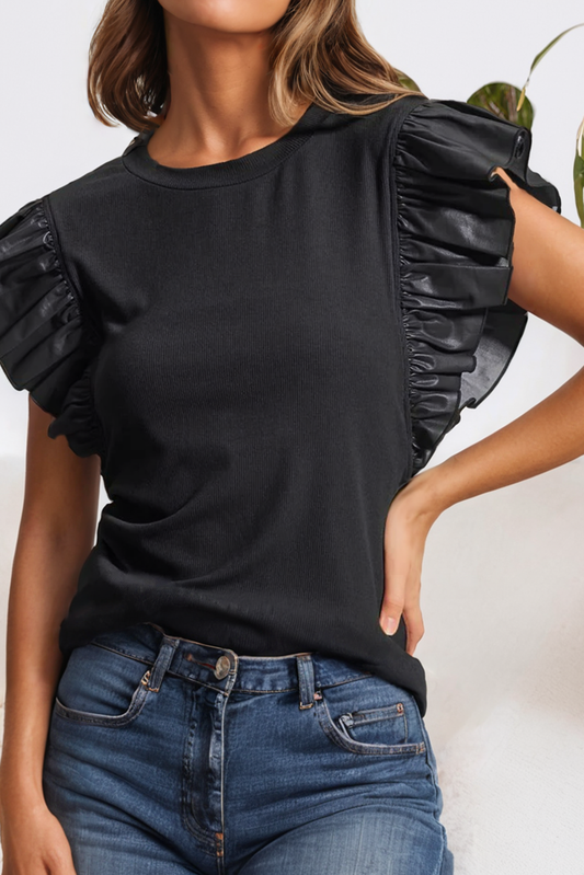 Leather Ruffle Shoulder Plain Blouse: Black