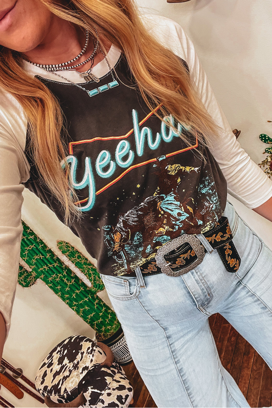 Western Yeehaw Raglan Sleeve Top: Brown