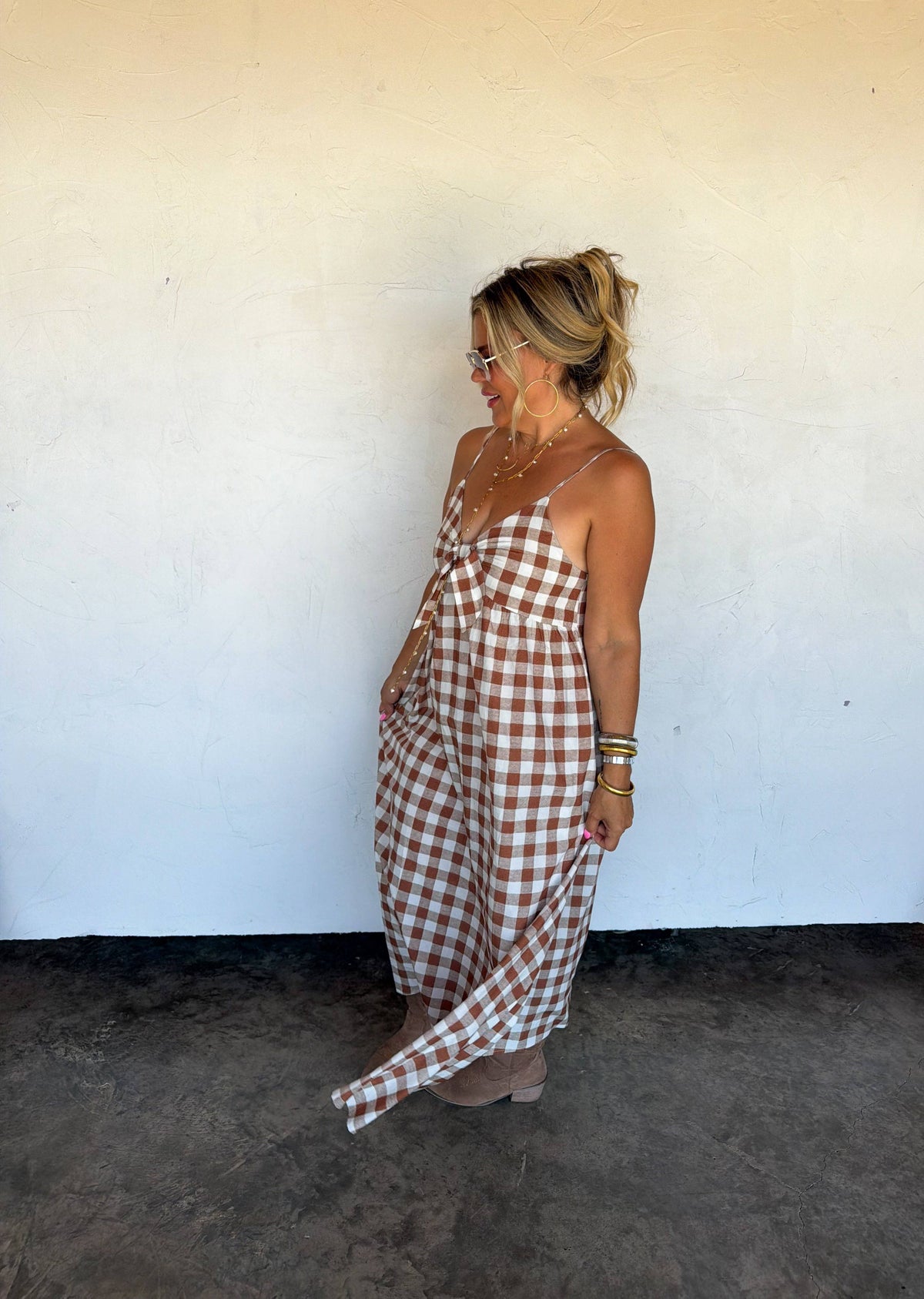 WESTERN CHARM MAXI DRESS: BROWN GINGHAM