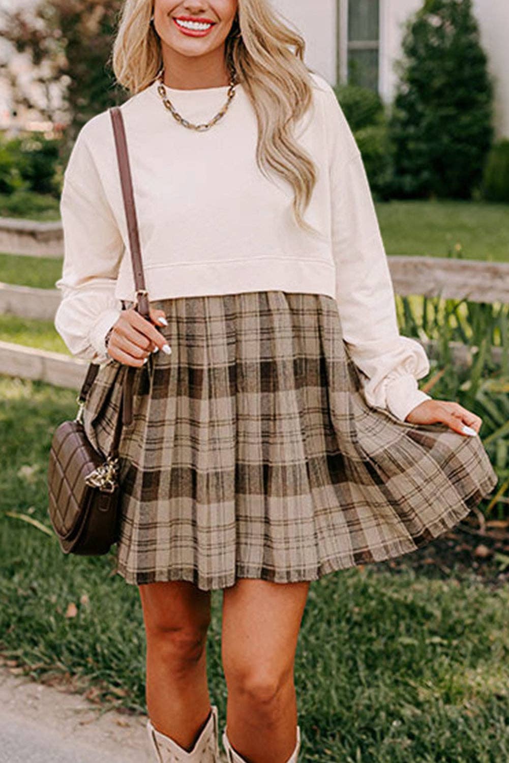 Plaid Patchwork Sweatshirt Mini Dress: Beige