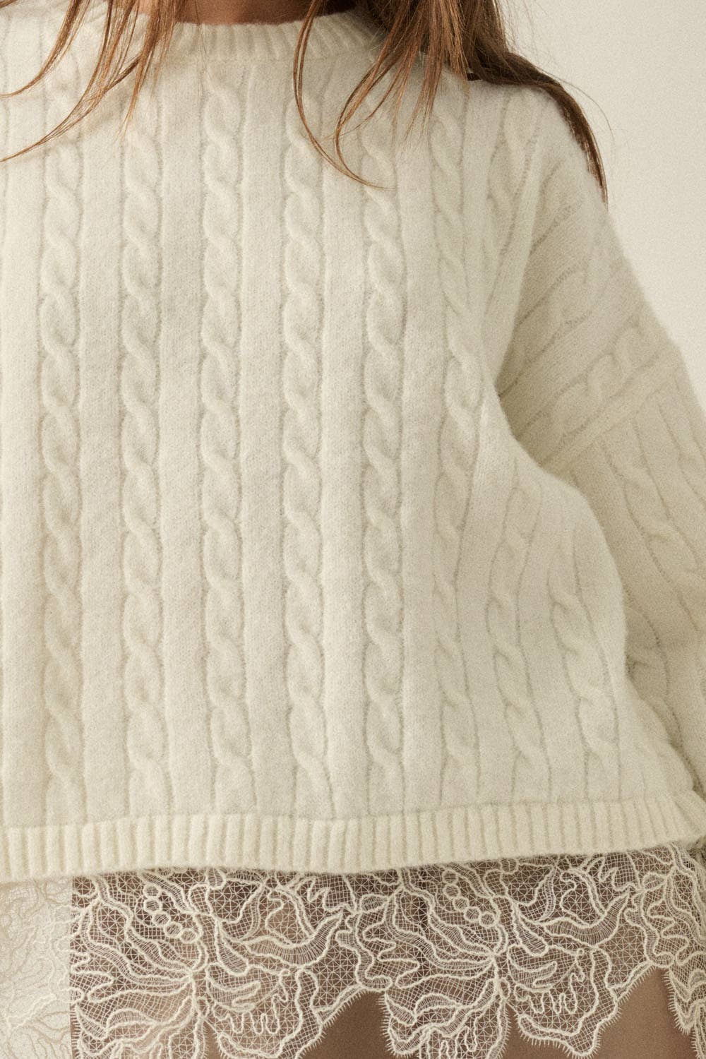 Cable Knit Crewneck Eyelash Lace Layered Hem Sweater: Cream