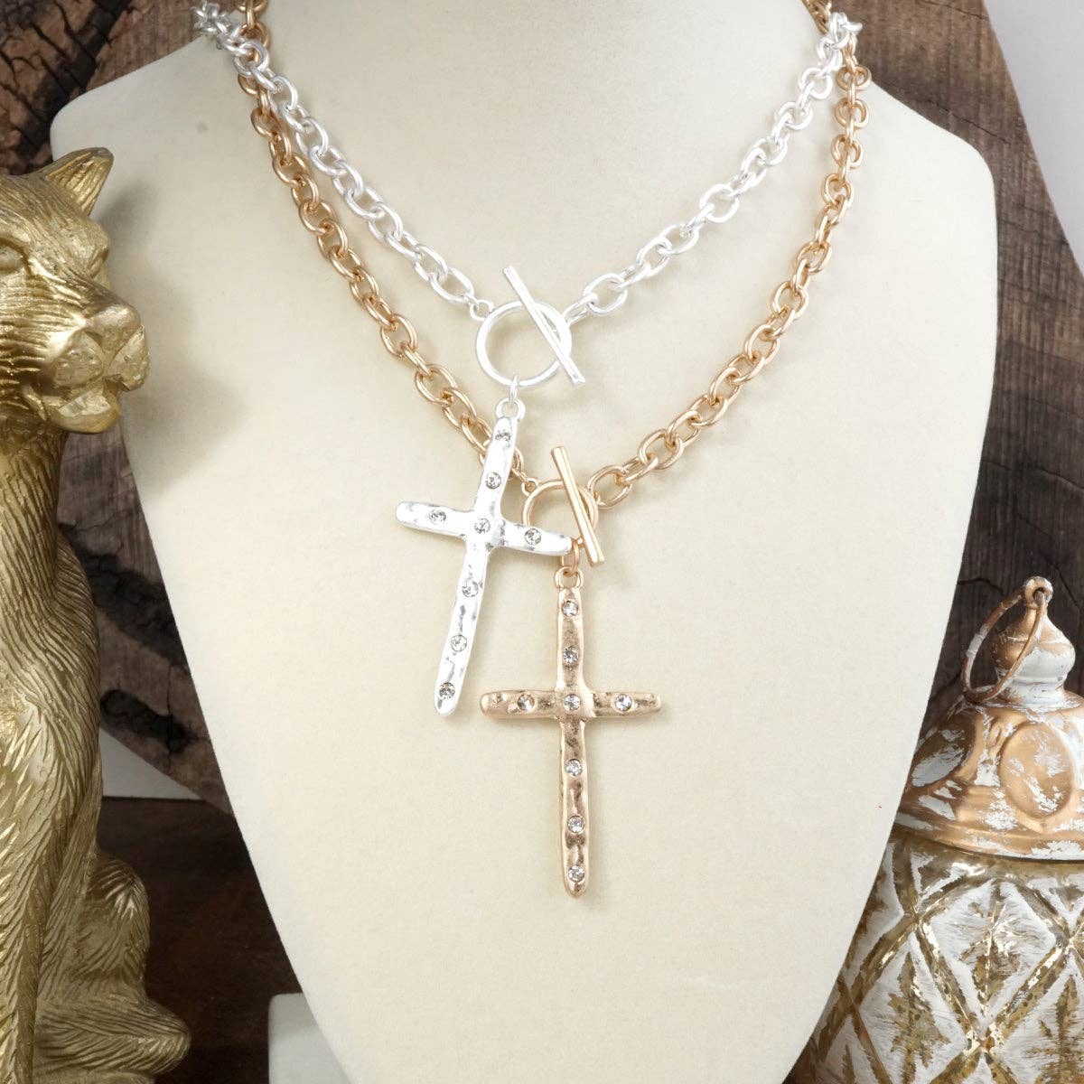 Divine Simplicity – Hammered Cross Front Toggle Necklace: Worn Silver Tone
