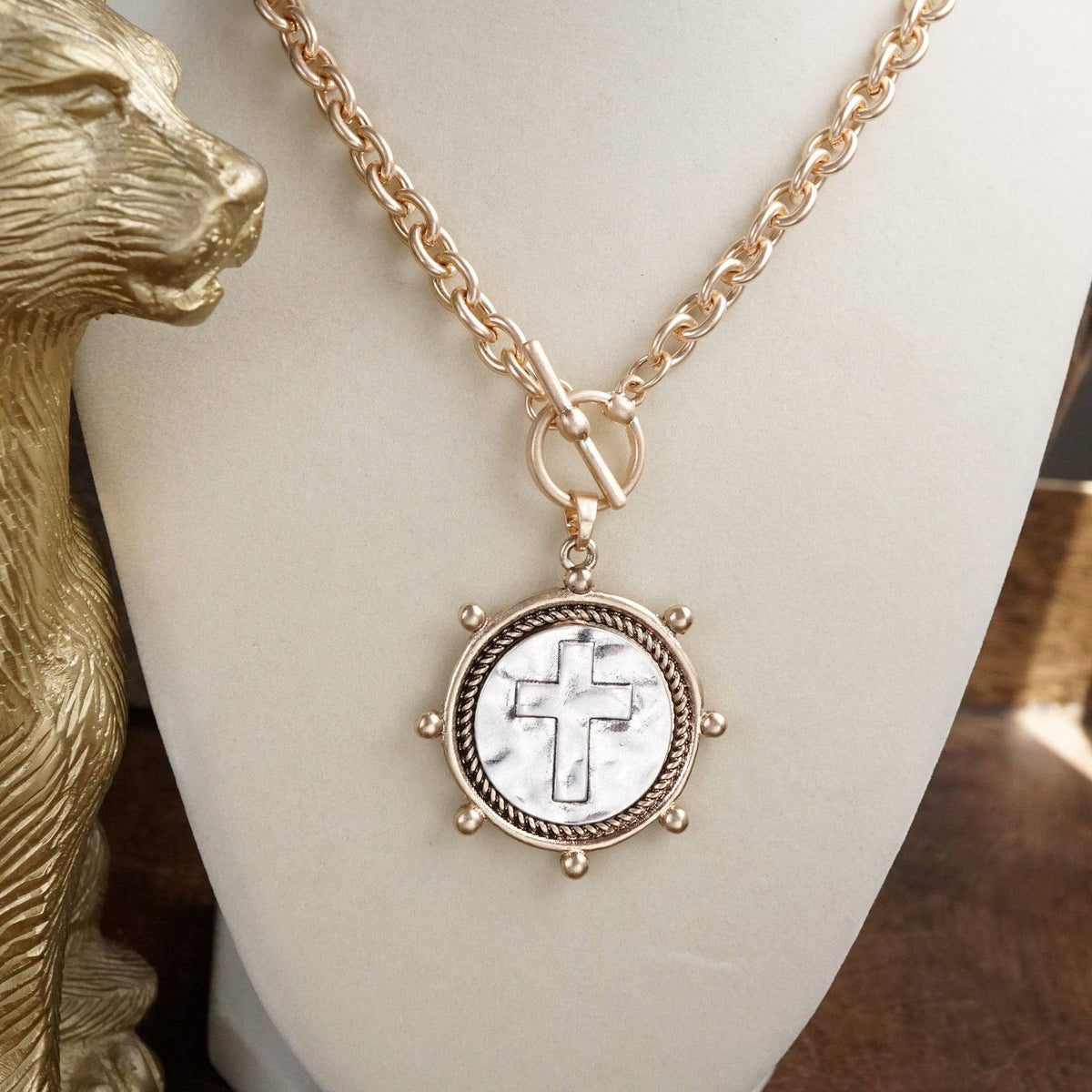 Cross Coin Chain Necklace with Front Toggle Closure – Silver or Gold Tone: Worn Silver Tone