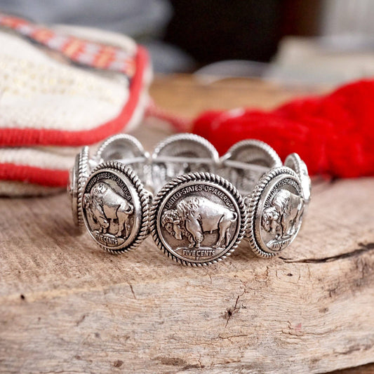 Western Stretchy Bangles – Buffalo Turquoise Flowers in Worn Silver Tone: Buffalo Coins