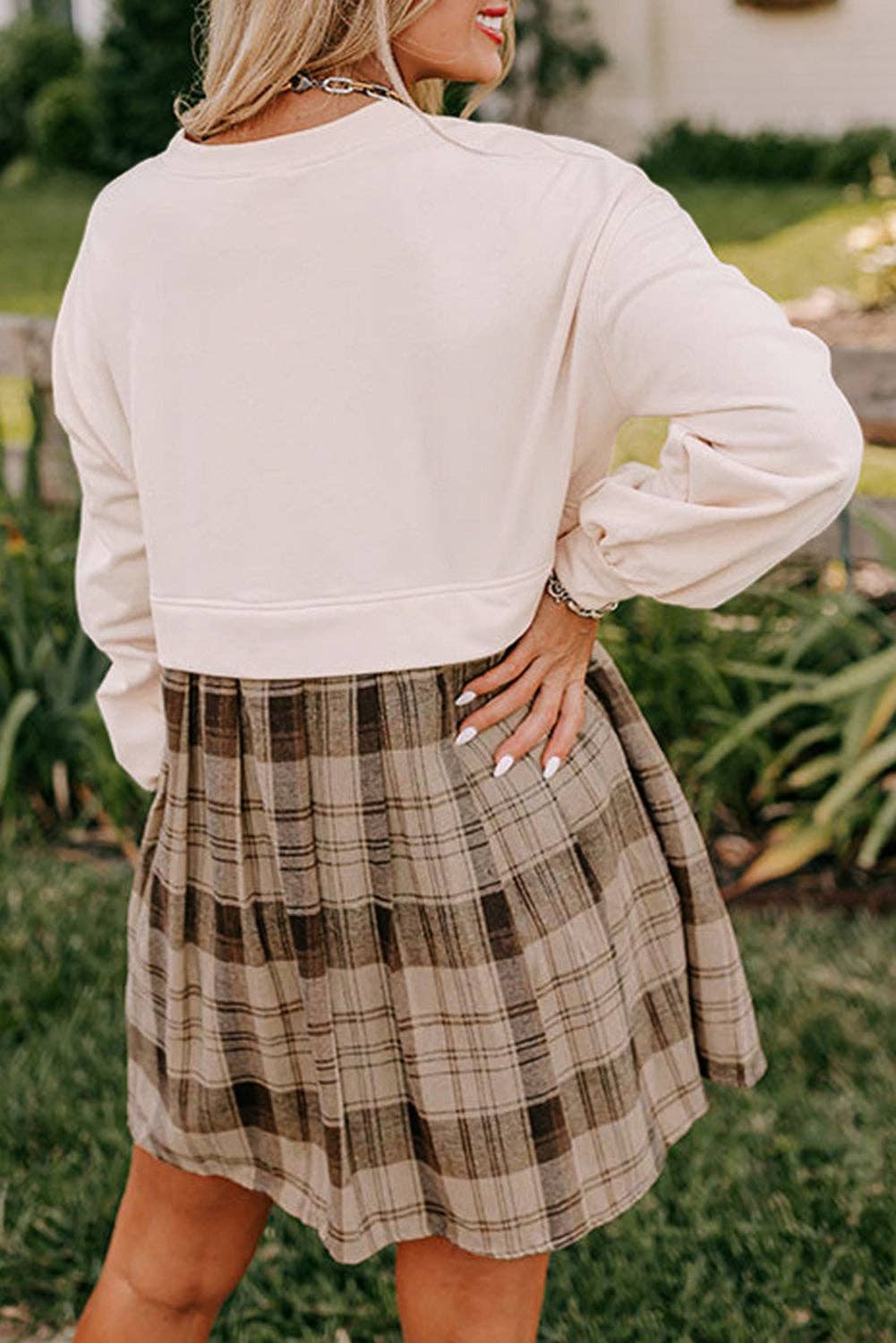 Plaid Patchwork Sweatshirt Mini Dress: Beige