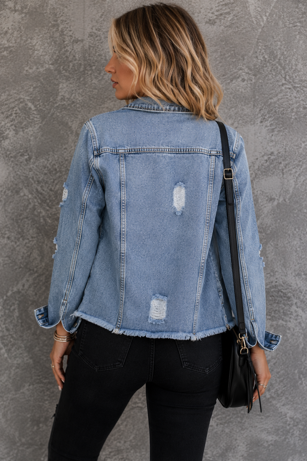     Washed Blue Raw Hem Denim Jacket