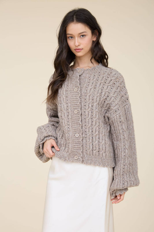 EYELET CABLE KNIT SCALLOPED TRIM KNIT CARDIGAN: TAUPE